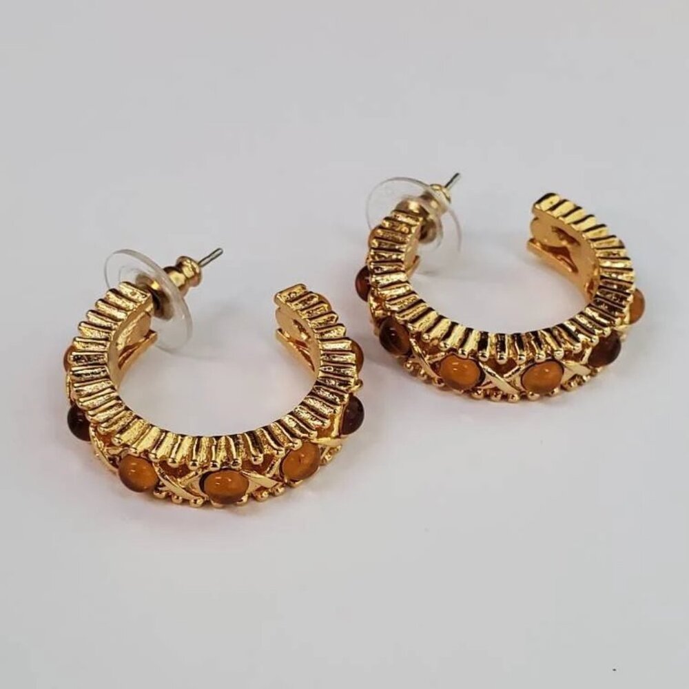 Signed Joan Rivers 3/4 Hoop Earrings with Gold tone and Amber tone Beads